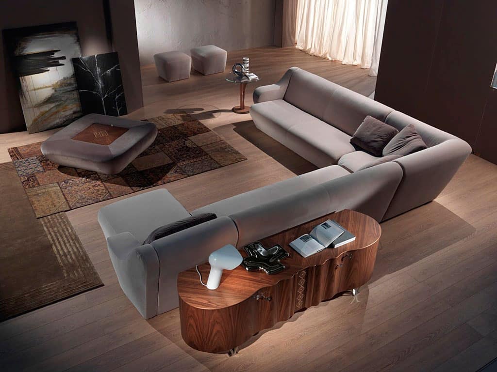 contemporary living room with poufs