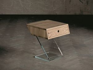 Cut night table, Wooden bedside table with glass base