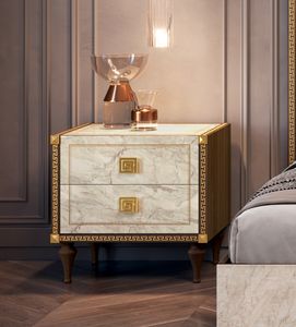 Romantica bedside table, Bedside table with fronts and top in Carrara marble finish