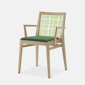 Maxine armchair, Wooden chair with armrests, PVC woven backrest
