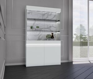 Easy 2 doors display cabinet, White lacquered showcase, with interiors in marble finish