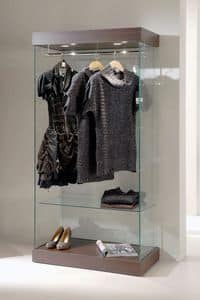 Laminato 131/CA, Modern glass display cabinet, wooden base, spotlights, for clothes shop