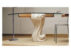 Essenza cherry wood, Oval table with top in glass and base in stone