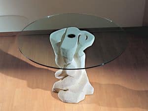 Mezzaluna Flangia, Round table with base in stone, top in glass