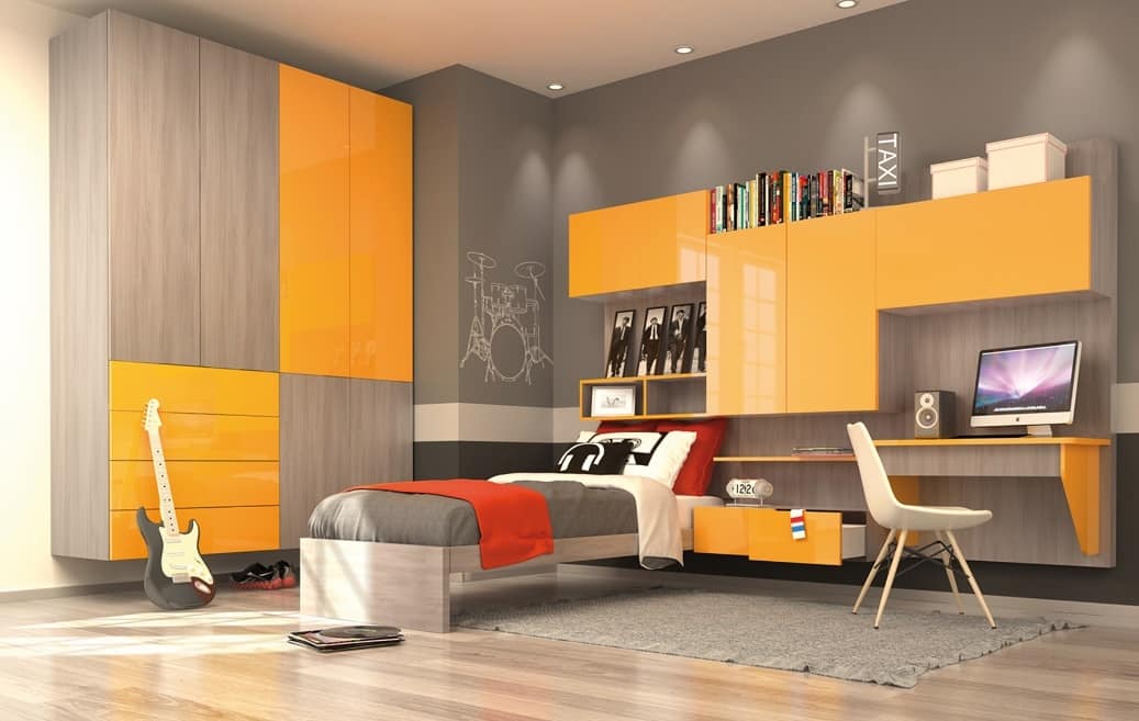 Modern Kid Bedroom With Wall Wardrobe Yellow And Elm Finish