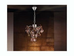 Ametista hanging lamp, Chandelier platinum colored finish, blown crackle glass