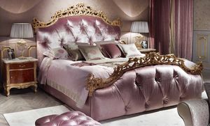 Becky, Upholstered bed, with hand-carved cornice and footboard