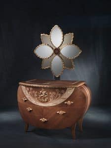CO18 Vanity chest of drawers, Dresser with mirror, walnut, gold leaf decorations and copper