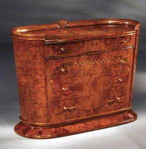 Flory chest of drawers, Chest of drawers in burr ash, inlays with colored woods