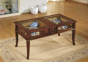 Art. 234 RECTANGULAR LOW TABLE, Classic coffee table, with central drawer and glass case