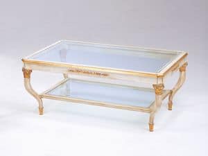 Art. 301 Mida, Luxury coffee table, hand-carved, with 2 glass shelves