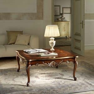 P 501, Square coffee table in walnut, carved, gold leaf details