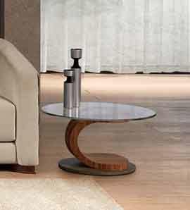 TL58 Mistral small table, Oval coffee table in walnut, glass and steel, inlaid