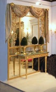 BOISERIE WITH CONSOLLE ART. BS 0002 + CL 0009, Boiserie pane with console, in gilded wood and mirrors