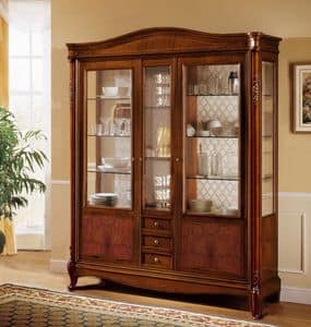 Alice showcase 3 doors, Classic display cabinet with 3 doors and 3 drawers, with curved hat