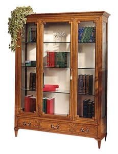 Cognac VS.6531.A, Display cabinet in walnut, with one central door, 3 drawers, back covered in fabric, crystal shelves, for environments in classic luxury style