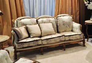 Liberty 3-seater sofa, Classic sofa hand carved, in walnut with gold