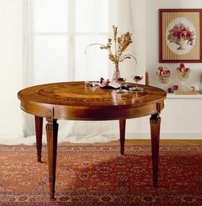T472 table, Round Extending table, in solid wood inlaid