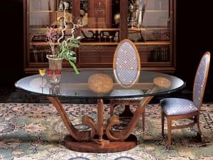 T482 Le volute table, Oval dining table in wood with glass top
