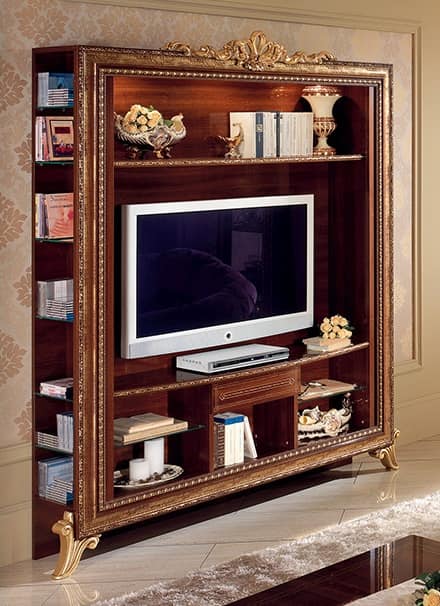 Tv Stand With Bookcase With Golden Decorations Simple And