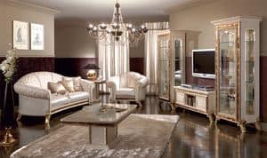 Raffaello tv stand, Luxury tv stand, lacquered pearl white with gold ornamentation