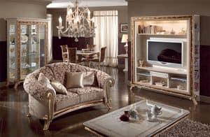 Raffaello wall unit, Luxury tv stand lacquered pearl white, gold decorations