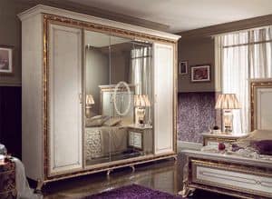 Raffaello wardrobe with 5 doors, Luxury classic wardrobe, lacquered pearl white with gold decorations