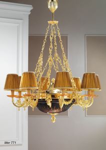 Art. MER 771, Chandelier made in gold plated 24kt brass and crystal bowl
