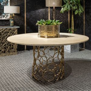 Circles DT, Table with hand-worked brass base, travertine top