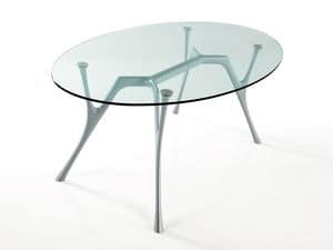 Pegaso, Oval table in aluminum with glass top for living rooms
