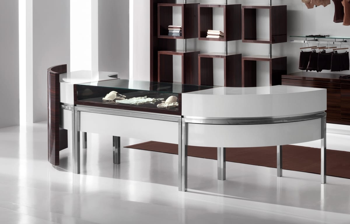 Revolution - cash counter for clothes stores 2, Curved counter for shop cash desk, with display drawer