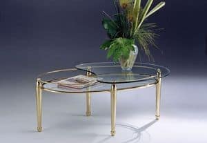 CARTESIO 261, Oval coffee table brass, 2 glass shelves, for living room