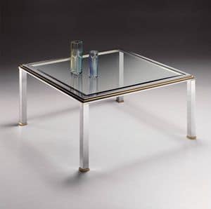 DOMUS 2168, Square coffee table in chrome plated brass and glass with bevel