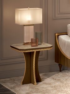 Romantica side table, Coffee table in walnut wood, with neoclassical fret in gold finish