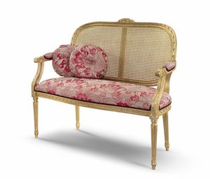 Sofa 3732, Sofa with carved structure, gold finish, damask fabric
