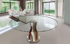 NARCISO 1.2, Round table, glass top, solid handcrafted wood structure