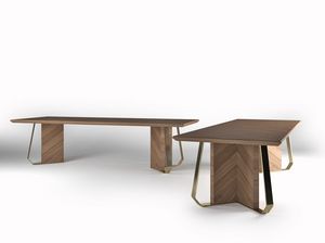Intrigue table, Wood veneered table with metal finishes