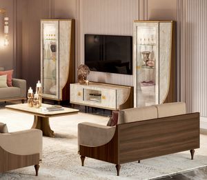 Romantica TV set composition, TV cabinet with Carrara marble finish, with two 1-door display cases